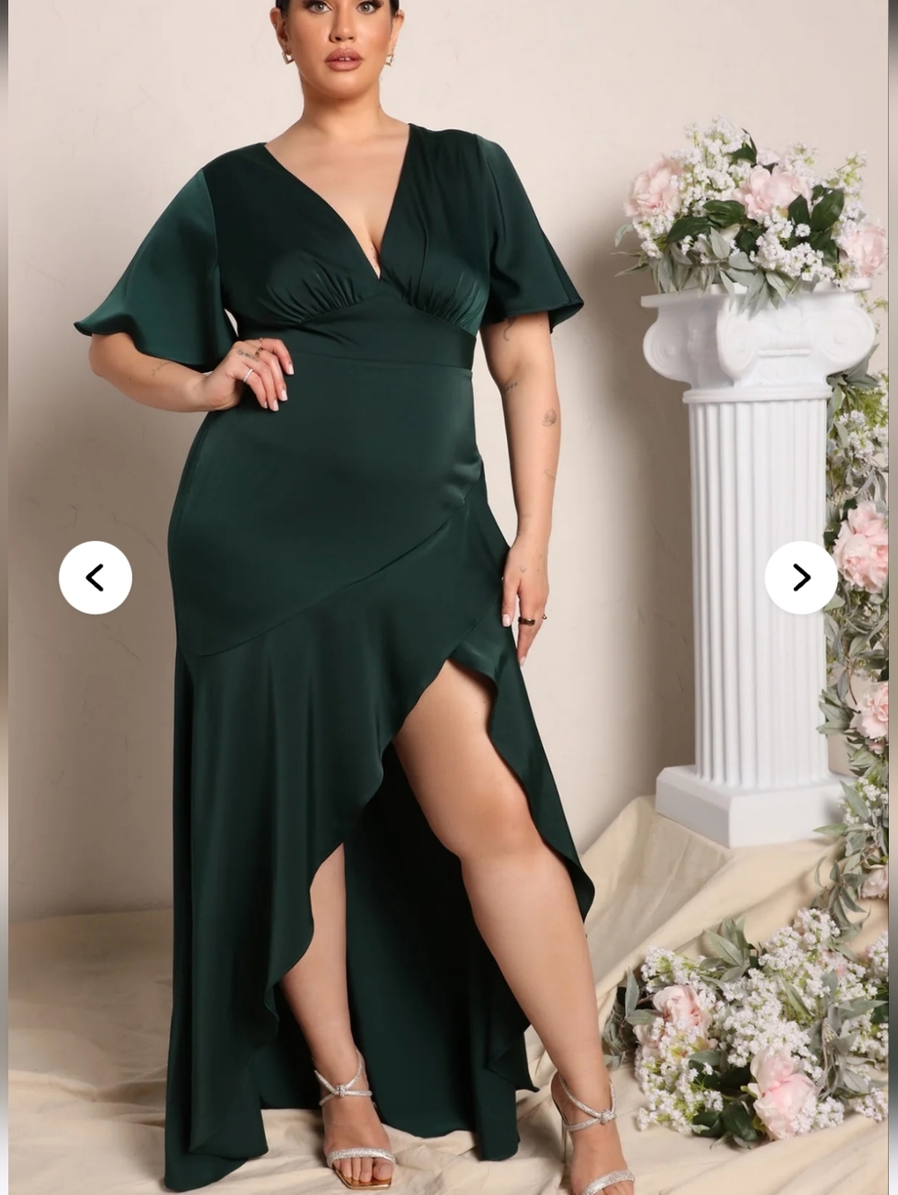 Women's Satin Emerald Green Ruffle Hem V Neck Side Split Formal Maxi Dress sz 1X